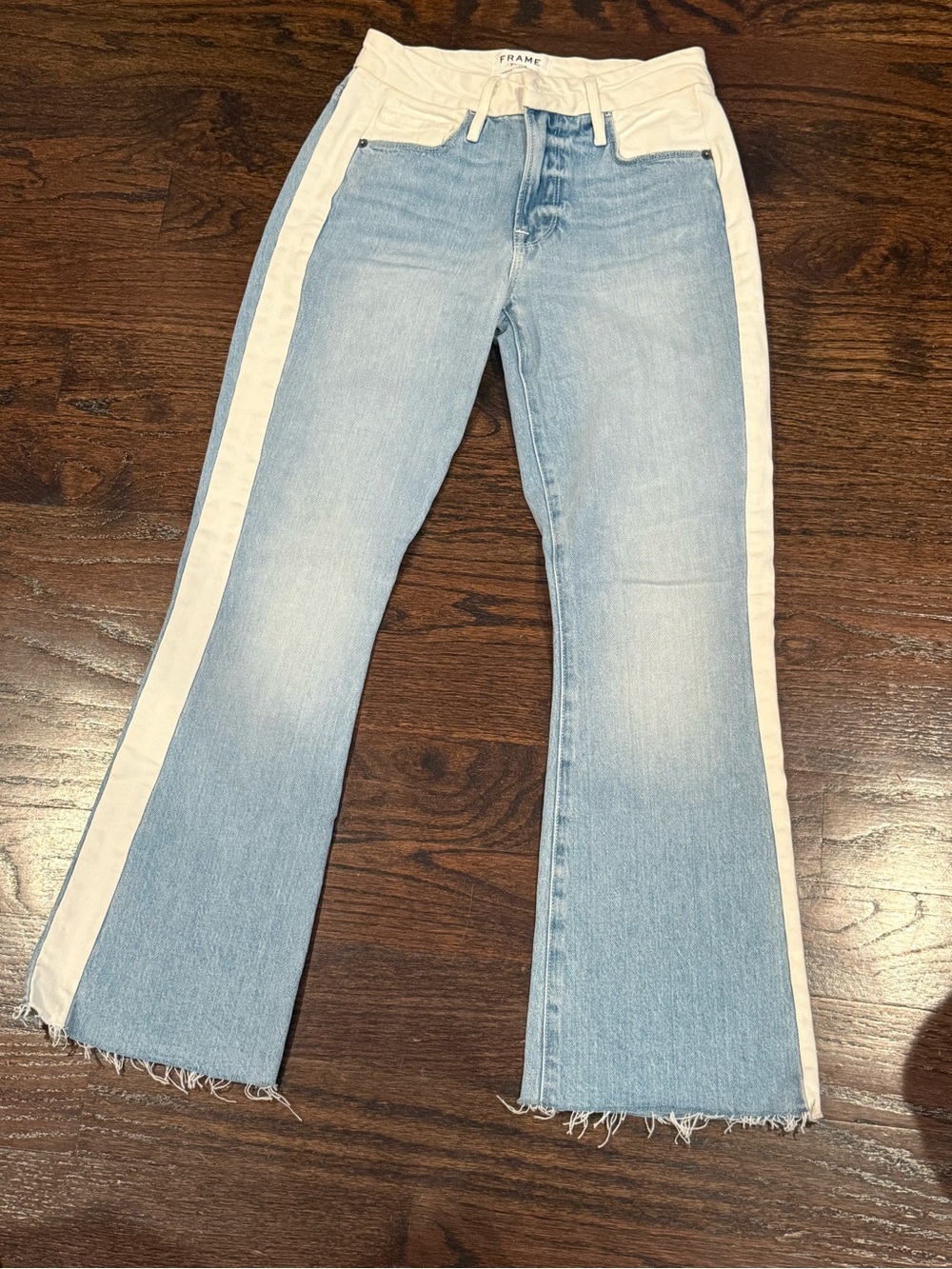 Frame Denim Light Blue Jeans with Cream Side Panels